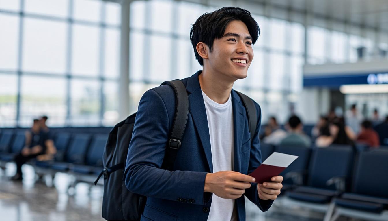 Student at airport ready to travel abroad