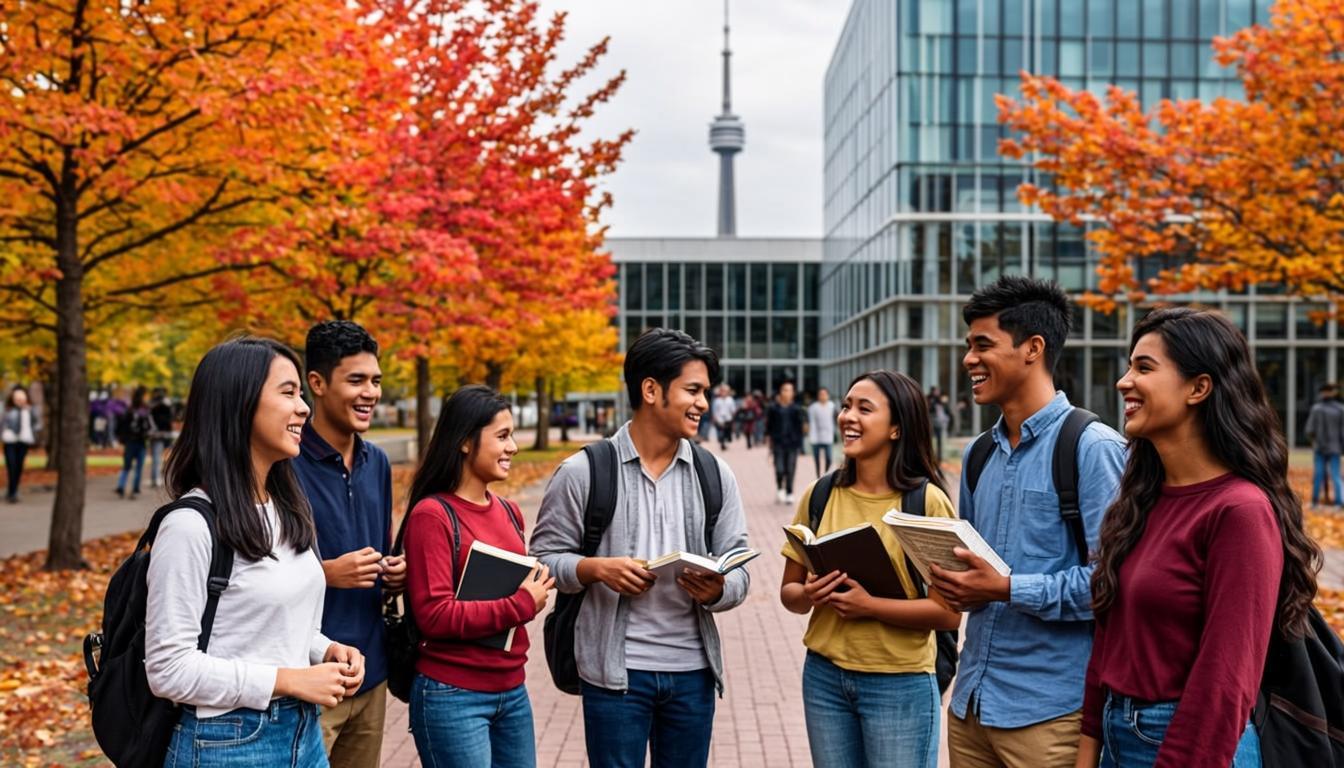 Students at a Canadian university campus with autumn colors
