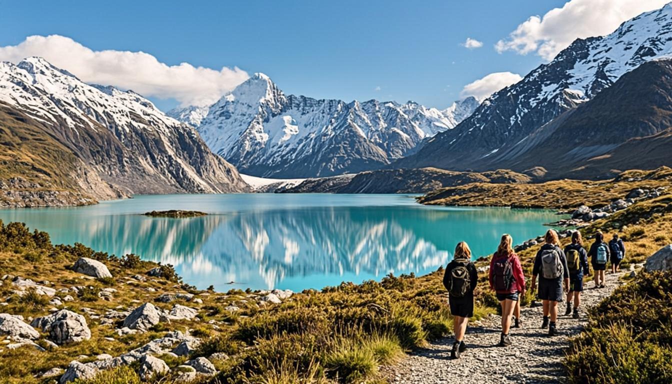 Students hiking in New Zealand mountains