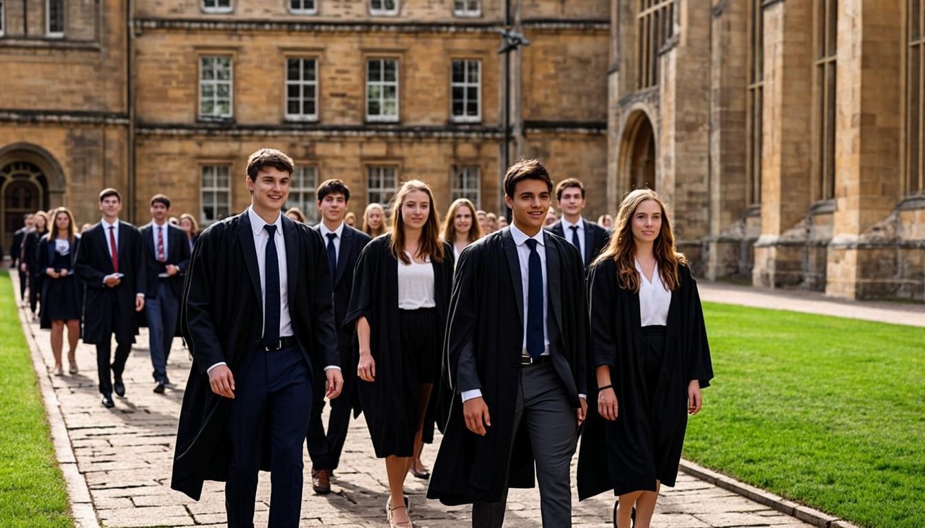 Students at a UK university campus with historic architecture